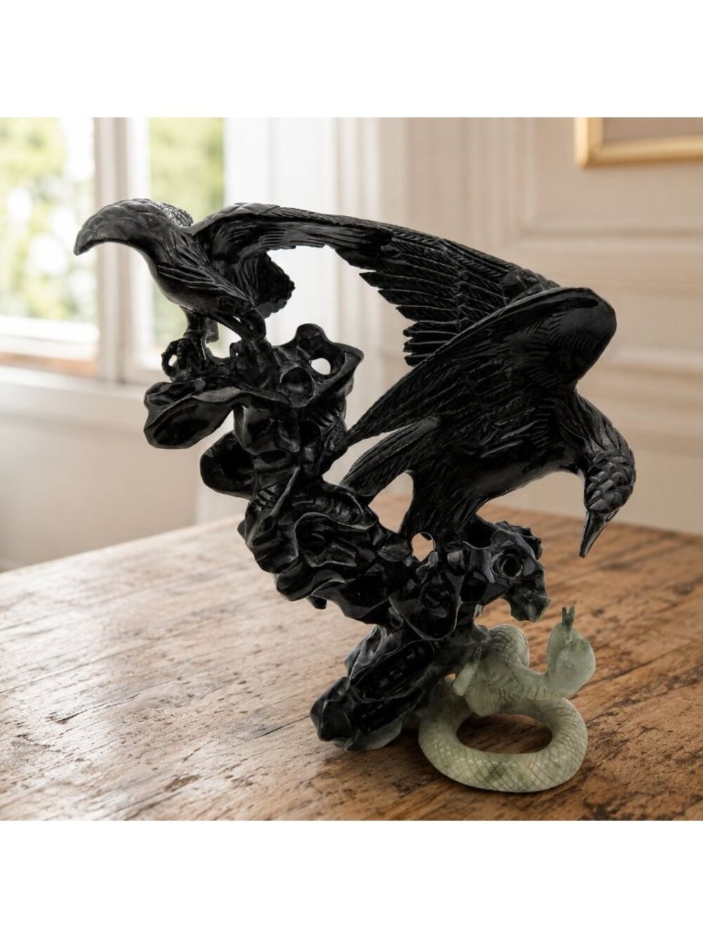 Hand Carved Stone Eagle and Snake Sculpture Figurine Decor 8"